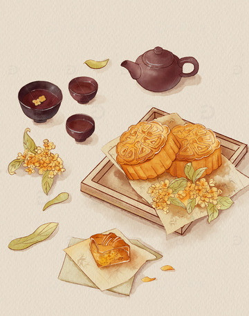 水彩手绘中秋月饼桂花茶美食