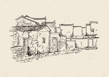 古镇农户老屋老宅农村线稿