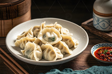 一盘素饺子摄影图