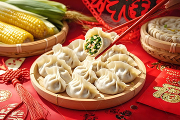 韭菜馅饺子摄影图