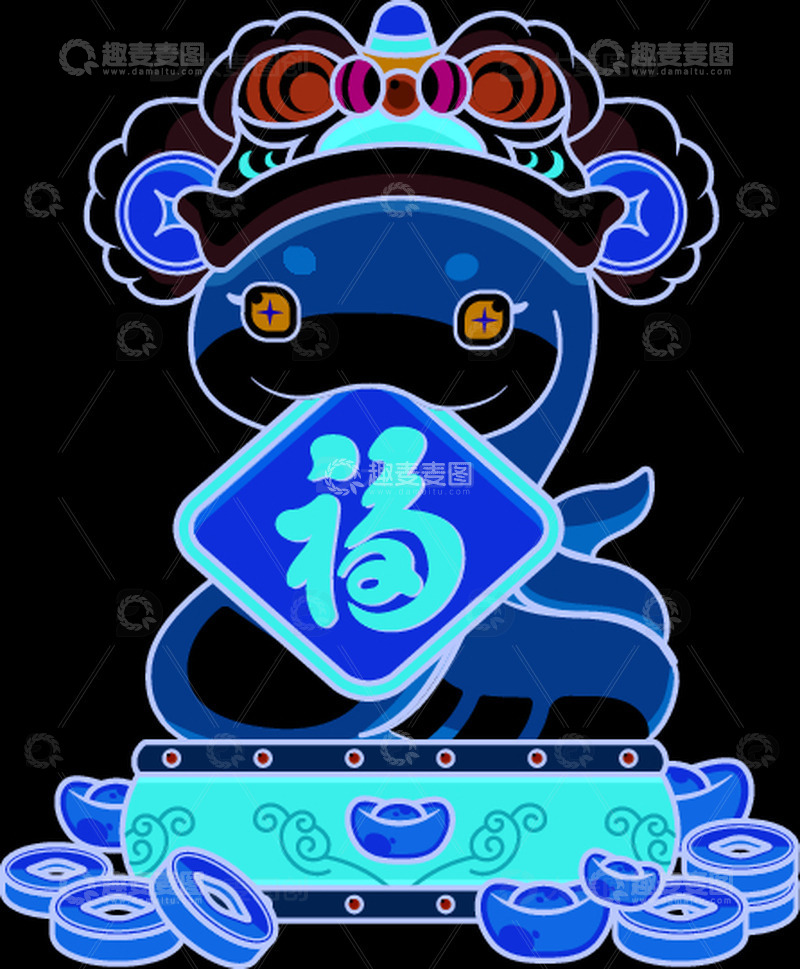 卡通新年可爱狮帽金蛇衔福元素