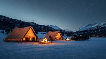 冬天星空下雪地篝火与帐篷露营夜景