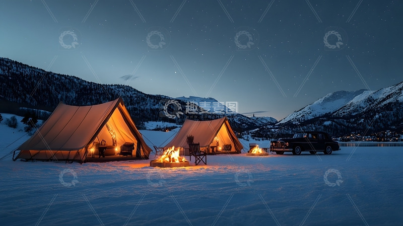 冬天星空下雪地篝火与帐篷露营夜景