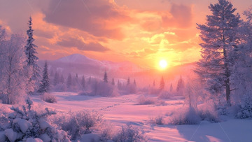 冬天日出下的雪地森林与山脉自然风景