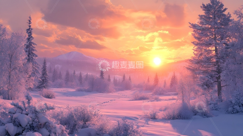 高清大图下载【趣麦麦图】冬天日出下的雪地森林与山脉自然风景
