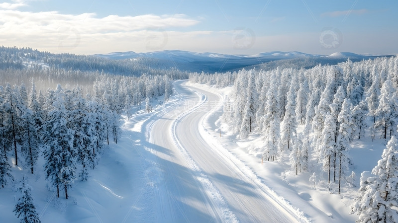 冬天蜿蜒雪地公路与森林山脉自然风景
