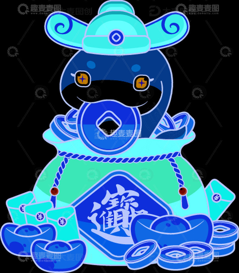 手绘卡通金蛇衔钱福袋插画元素