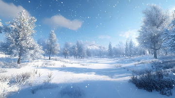 冬天阳光下飘雪的森林雪地唯美景色