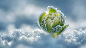 冬天雪地中覆盖霜晶的绿色嫩芽自然特写