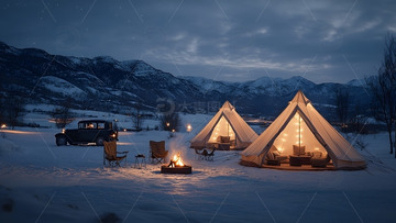 冬天雪地夜晚篝火与灯光帐篷露营景色