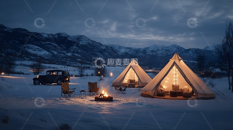 冬天雪地夜晚篝火与灯光帐篷露营景色