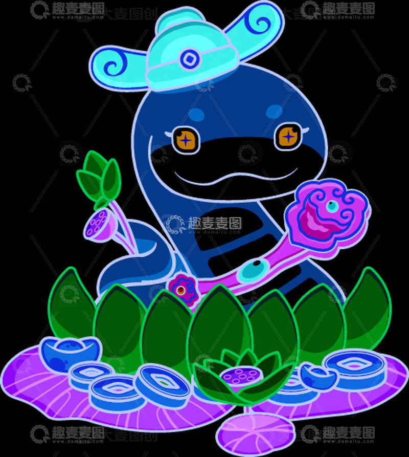 卡通金蛇财神荷花插画元素