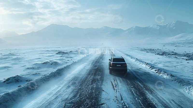 冬天荒野雪覆盖公路与汽车远山景色