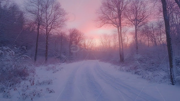 冬天夕阳映红森林雪地小路的静谧景色