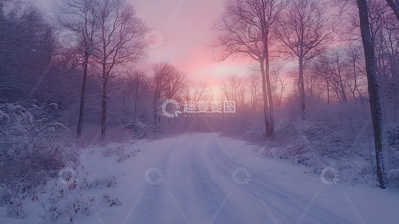 高清大图下载【趣麦麦图】冬天夕阳映红森林雪地小路的静谧景色