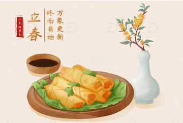 水彩手绘中国风古风春天立春春卷迎春花