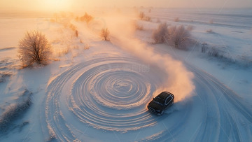 冬天雪地漂移汽车与阳光映衬的壮丽景色