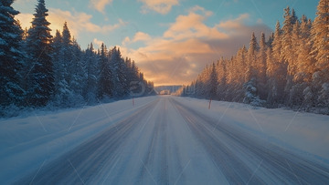 冬天夕阳映照下雪地公路与森林的自然风景