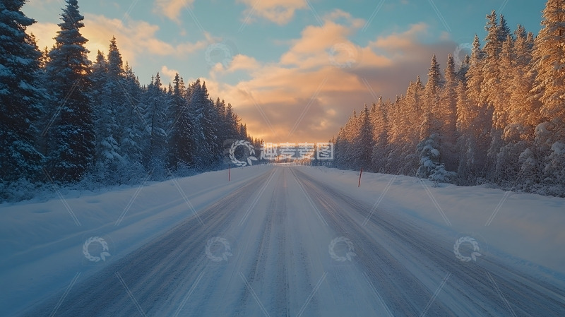冬天夕阳映照下雪地公路与森林的自然风景