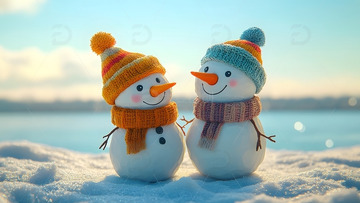 冬天阳光下两只可爱雪人欢乐雪景摄影