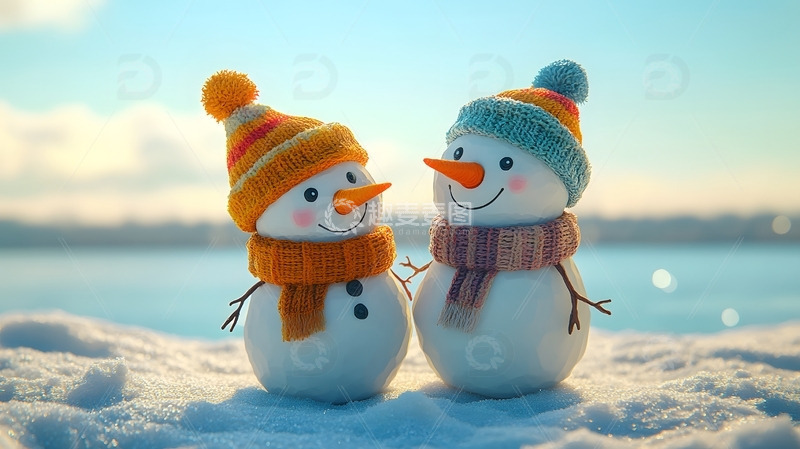 冬天阳光下两只可爱雪人欢乐雪景摄影