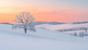 冬天粉色晚霞映衬下雪原与孤树的唯美风景