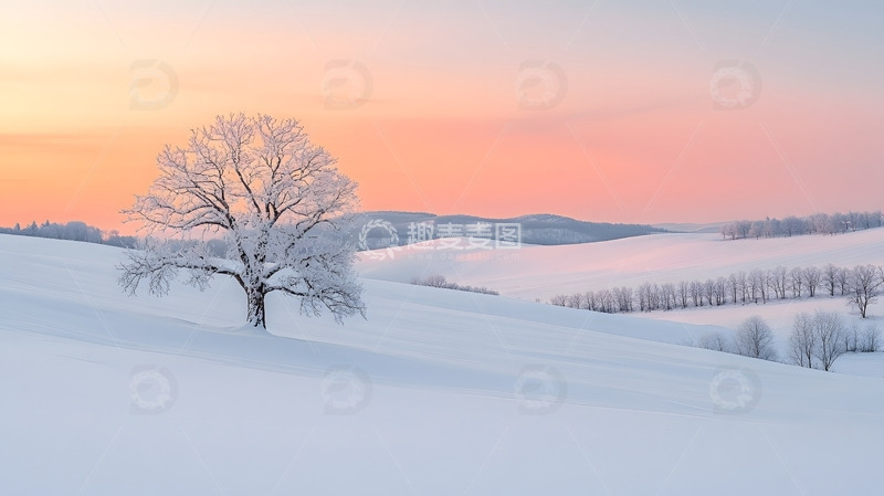 高清大图下载【趣麦麦图】-冬天粉色晚霞映衬下雪原与孤树的唯美风景