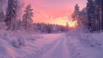 冬天粉色晚霞下的雪路与森林冬季景色