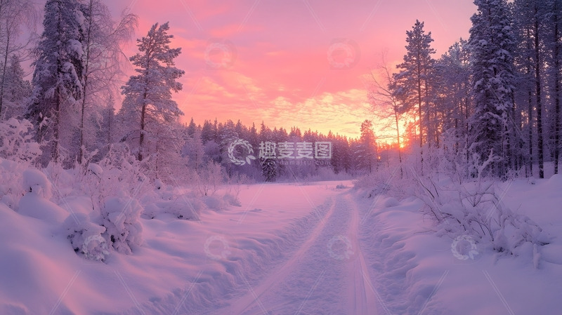 冬天粉色晚霞下的雪路与森林冬季景色