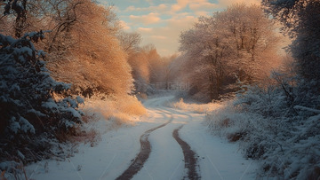 冬天夕阳洒在雪地小路与树林的静谧景色
