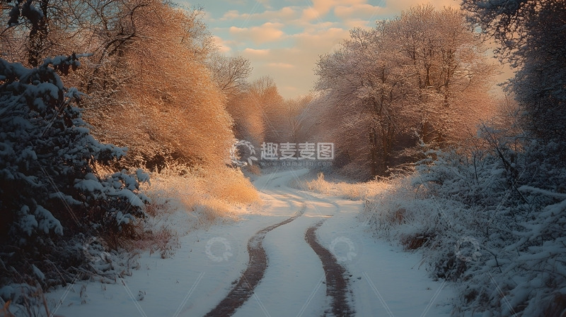高清大图下载【趣麦麦图】冬天夕阳洒在雪地小路与树林的静谧景色