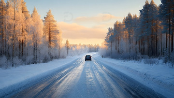 冬天雪覆盖的公路与行驶车辆的自然风景