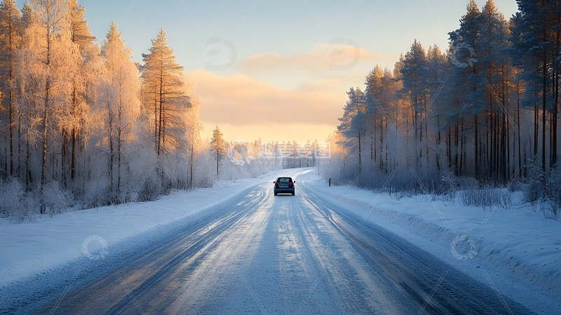 高清大图下载【趣麦麦图】冬天雪覆盖的公路与行驶车辆的自然风景