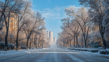 冬天蓝天下雪覆盖街道与霜挂树木的城市景色