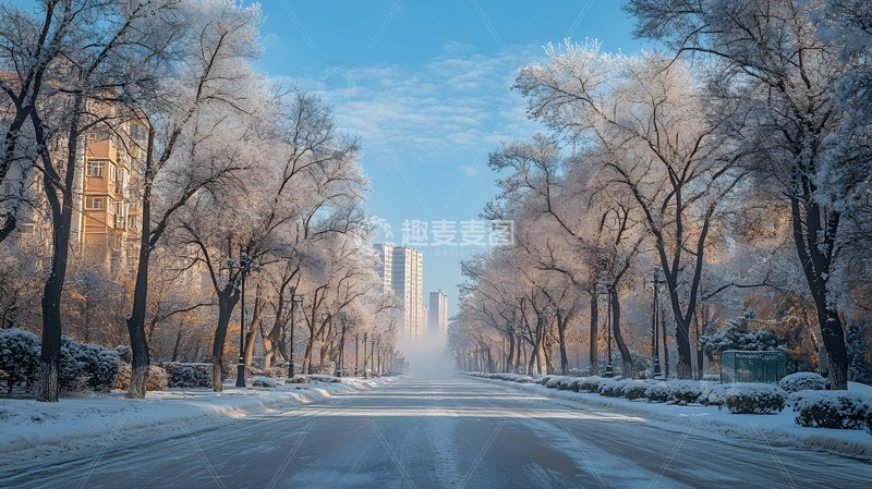 冬天蓝天下雪覆盖街道与霜挂树木的城市景色