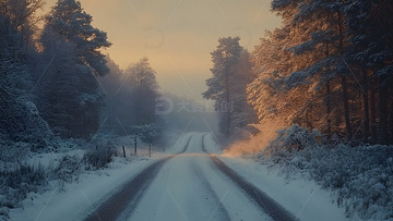冬天夕阳洒在雪地乡间道路与森林的静谧景色