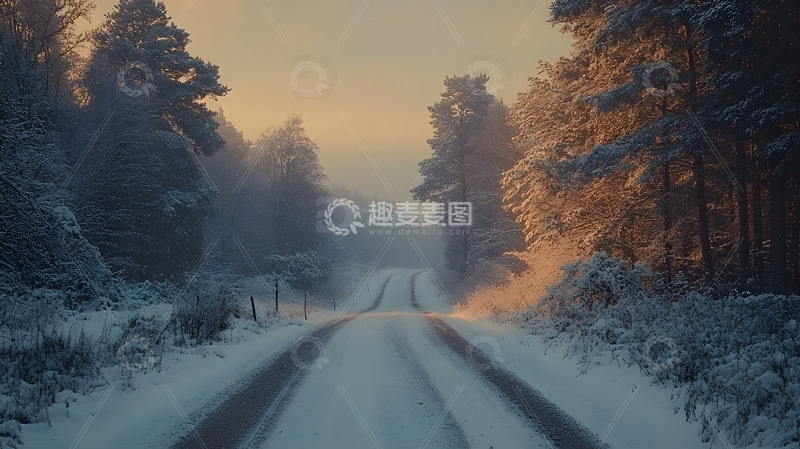 冬天夕阳洒在雪地乡间道路与森林的静谧景色