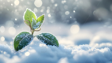 冬天雪地中覆盖霜晶的绿色幼苗生命特写