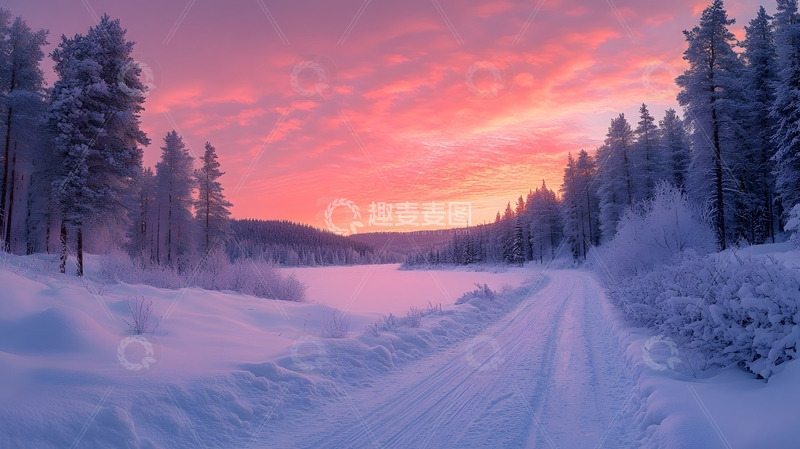 冬天晚霞映照下雪路与森林的梦幻景色