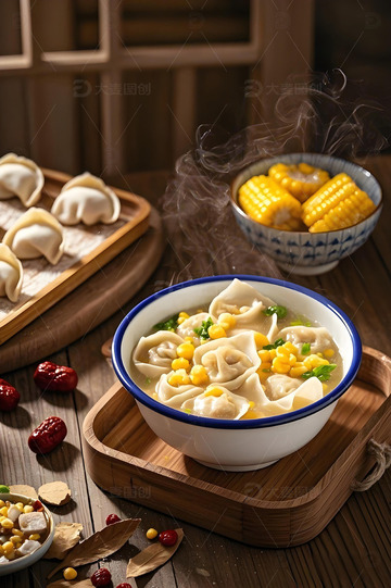 玉米鸡汤馄饨摄影图1