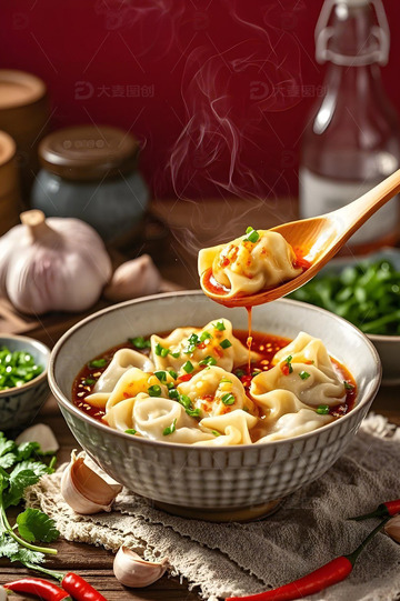 红油馄饨摄影图