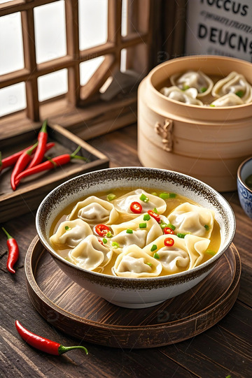 高汤米辣馄饨摄影图