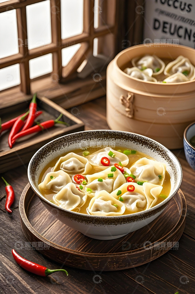 高清大图下载【趣麦麦图】高汤米辣馄饨摄影图