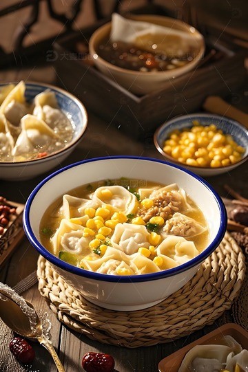 玉米鸡汤馄饨摄影图