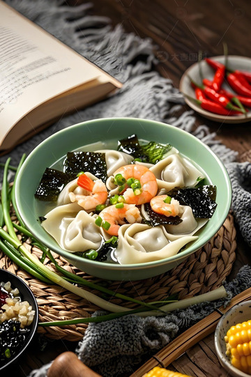 紫菜虾仁清汤馄饨摄影