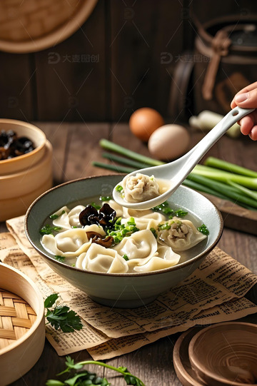 紫菜清汤馄饨摄影图