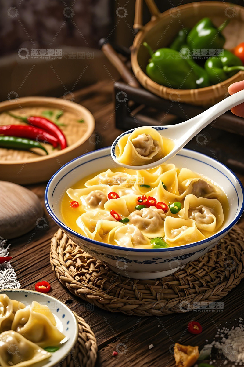 高清大图下载【趣麦麦图】高汤米辣馄饨摄影图1