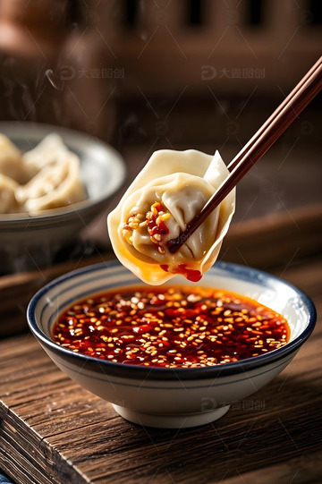 蘸红油料的馄饨摄影