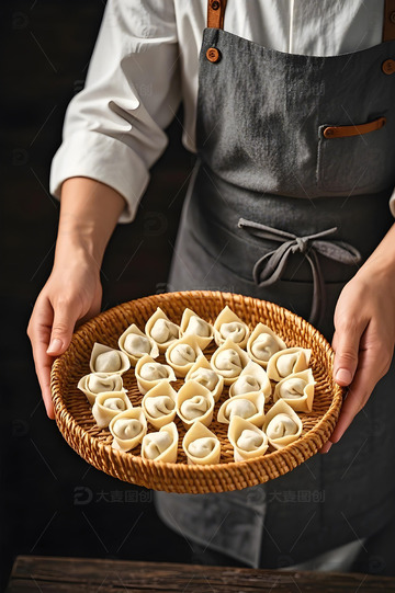 手端一盘馄饨摄影图