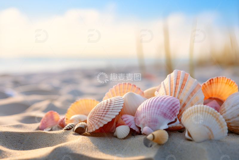 高清大图下载【趣麦麦图】沙滩上的彩色贝壳